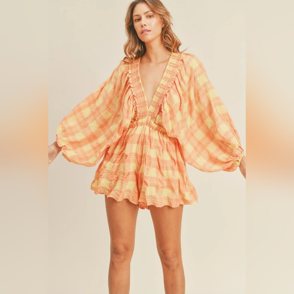 MABLE Orange Plaid Romper Size M
